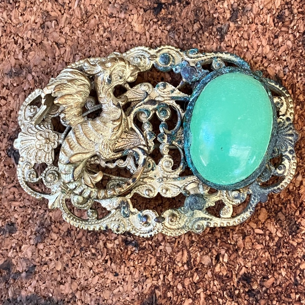 Antique Dragon Brooch with Green Peking Glass Stone Gold Tone